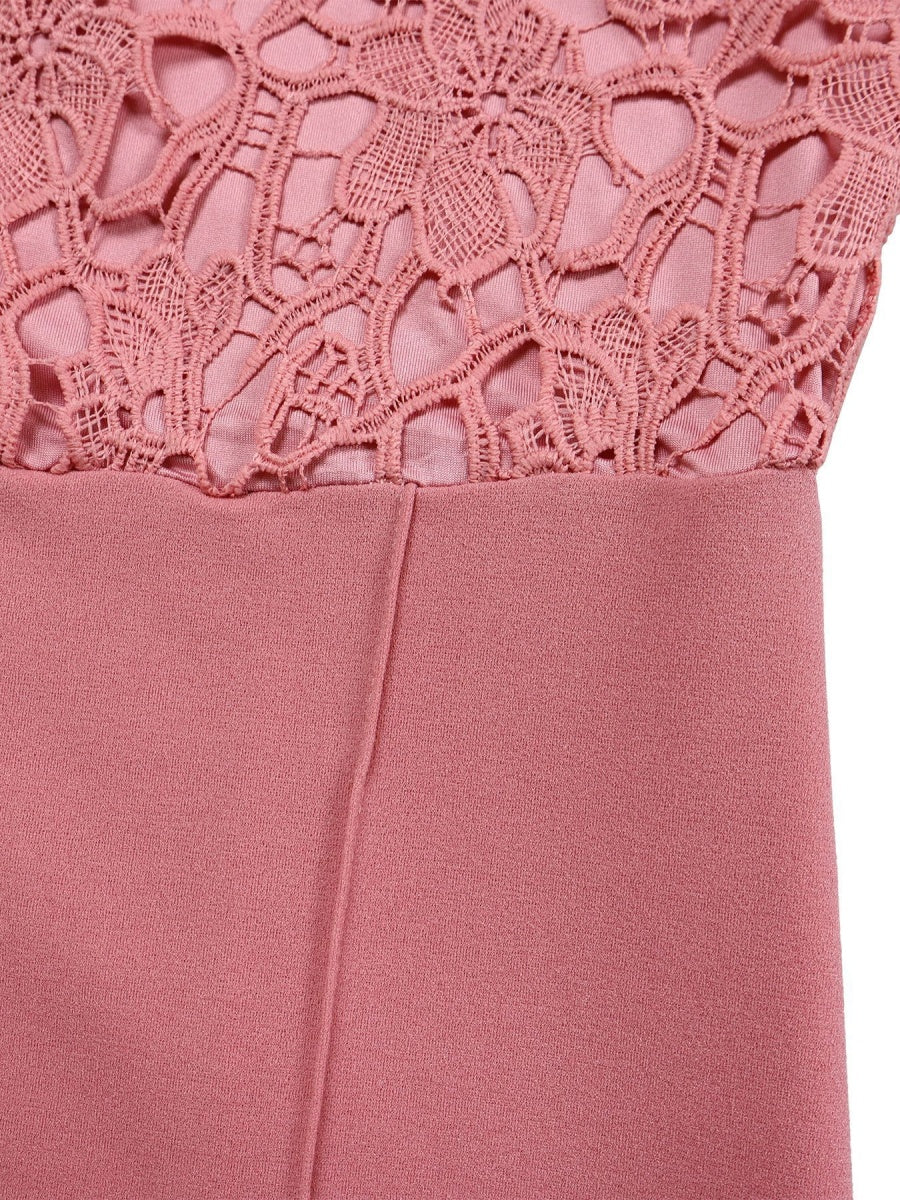 Lace Trim Hollow Short Sleeve Bandage High Waist Wide Leg Jumpsuits