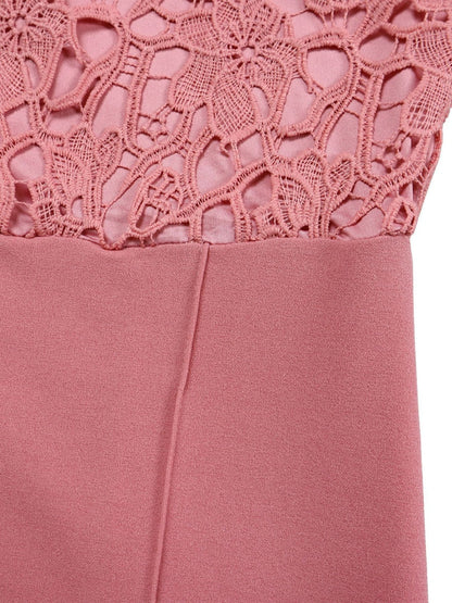 Lace Trim Hollow Short Sleeve Bandage High Waist Wide Leg Jumpsuits