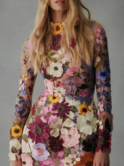 3D Floral Mesh Lace Embroidery Bodycon Slimming Sexy Dress