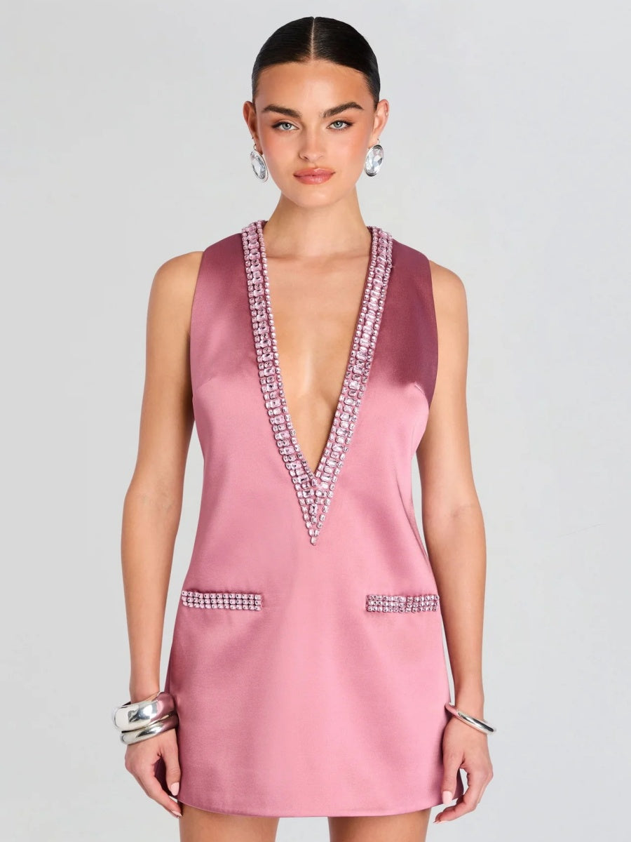 V-neck Rhinestone-studded Sleeveless Temperament Grace Parties Mini&Short Dresses