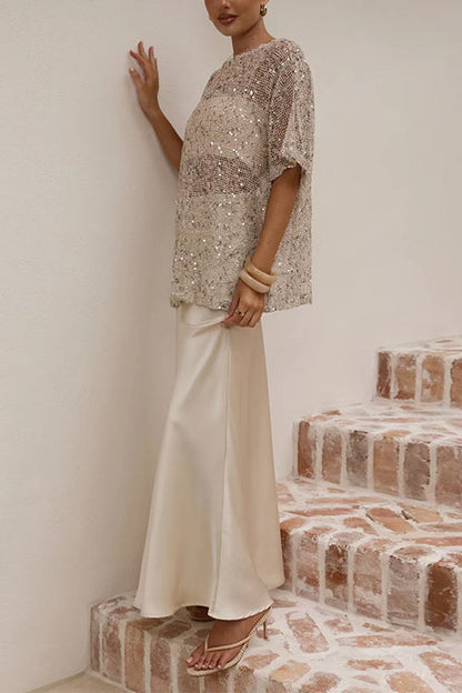 Crewneck Half Sleeves Crochet Hollow Out Sequin Top