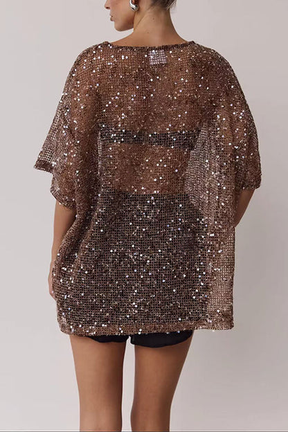 Round Neck Half Sleeves Crochet Hollow Out Sequin Top