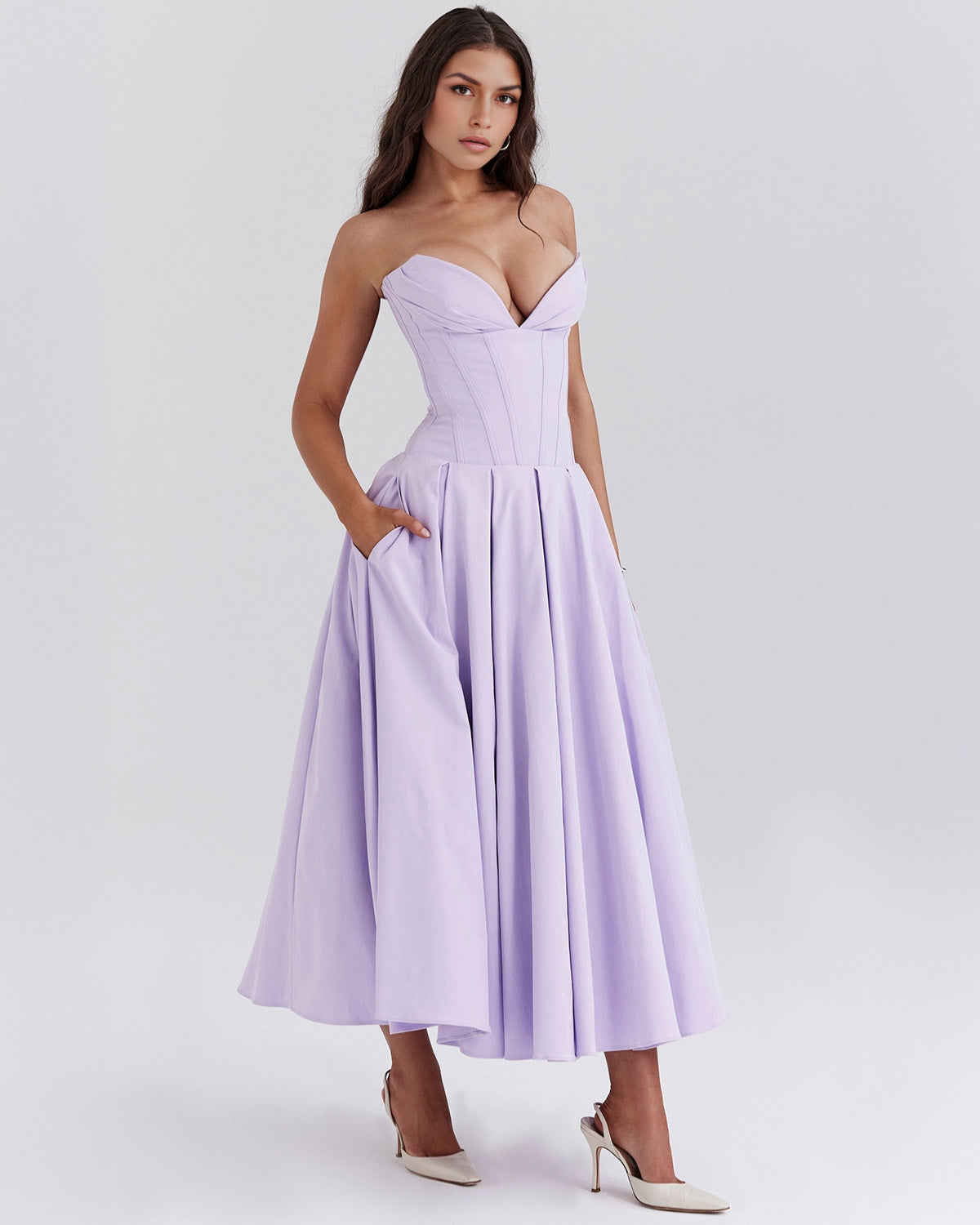 Strapless Corset Plunging Sweetheart Neck Pleated Full Skirt Pocket Midi Dress