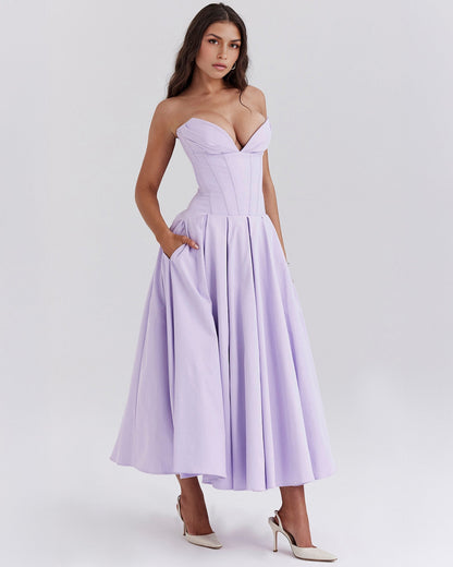 Strapless Corset Plunging Sweetheart Neck Pleated Full Skirt Pocket Midi Dress