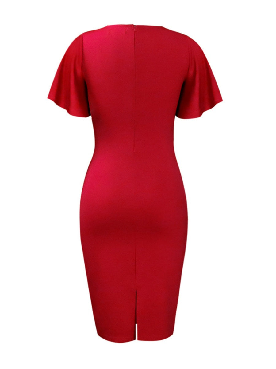 Commuting Lotus Leaf Sleeves Buttons Solid Color Mini&Short Dresses