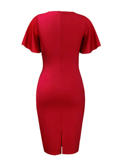 Commuting Lotus Leaf Sleeves Buttons Solid Color Mini&Short Dresses