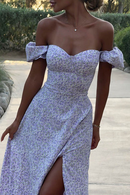 Floral Puff Sleeve Tie-back Slit Dress