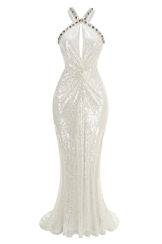 Jewel Trim Criss Cross Halter Keyhole Sequin Maxi Gown