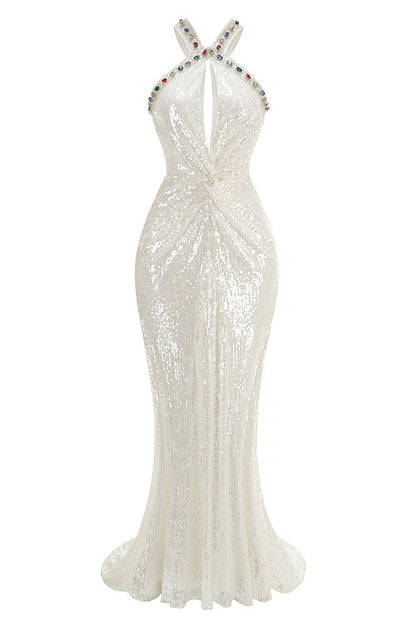 Jewel Trim Criss Cross Halter Keyhole Sequin Maxi Gown