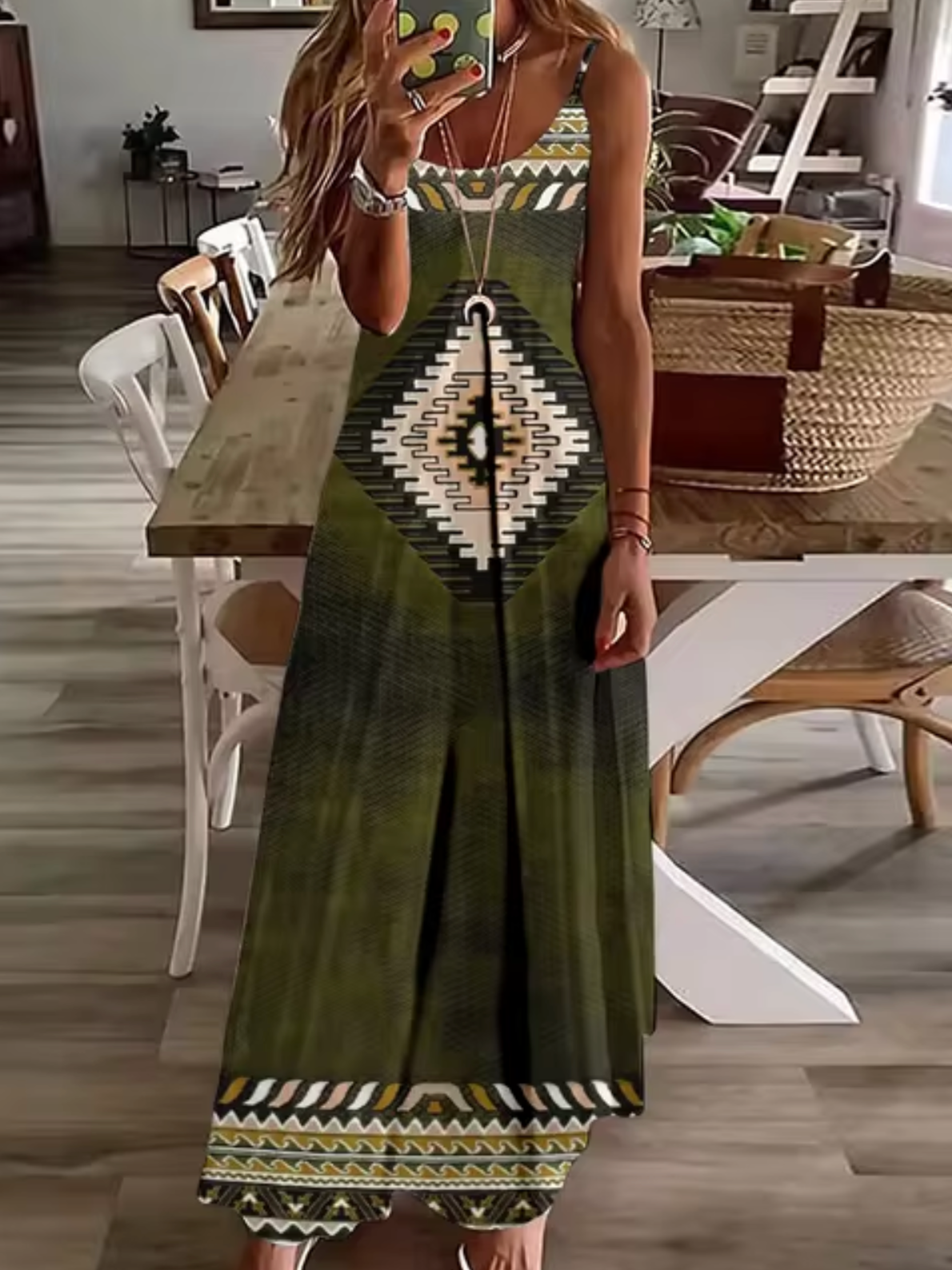 Deep V-Neck Turtle Dreamcatcher Feather Print Spaghetti Strap Maxi Dress