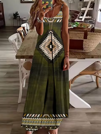 Deep V-Neck Turtle Dreamcatcher Feather Print Spaghetti Strap Maxi Dress
