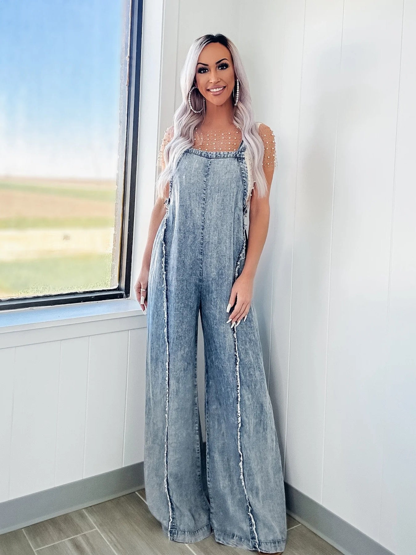 Washed Wide-leg Jumpsuit With Frayed Edges