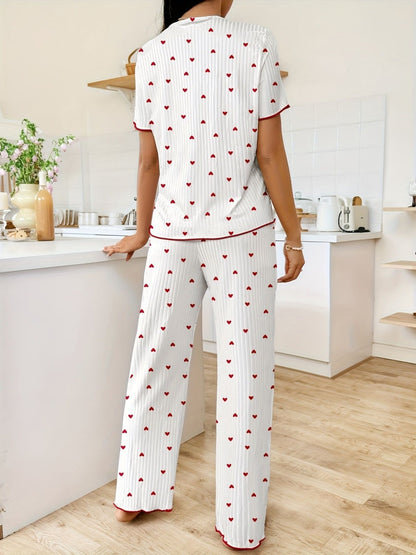 Heart-print V-neck Short-sleeved Trousers Loungewear Set