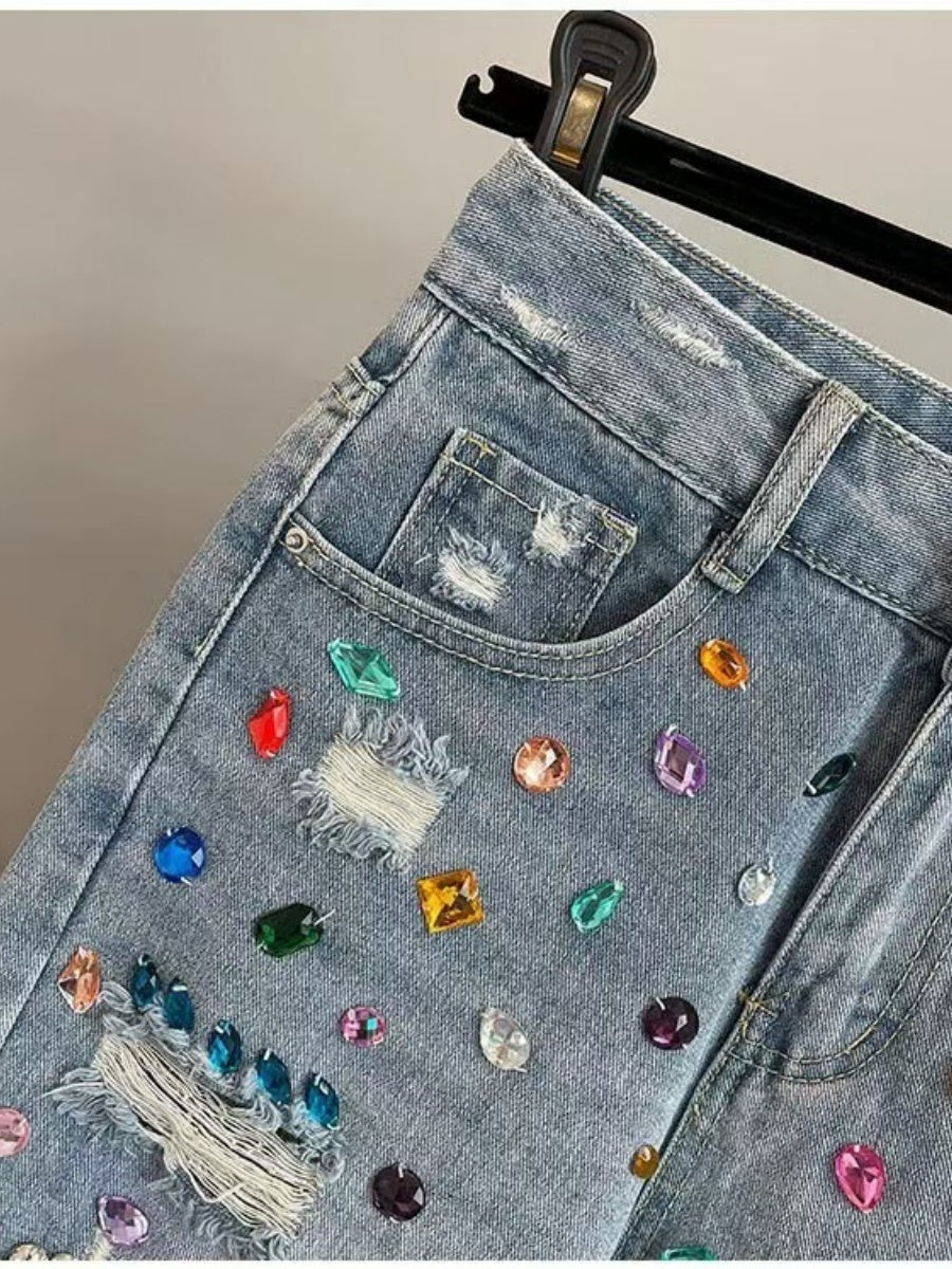 Rhinestone Frayed Denim Shorts