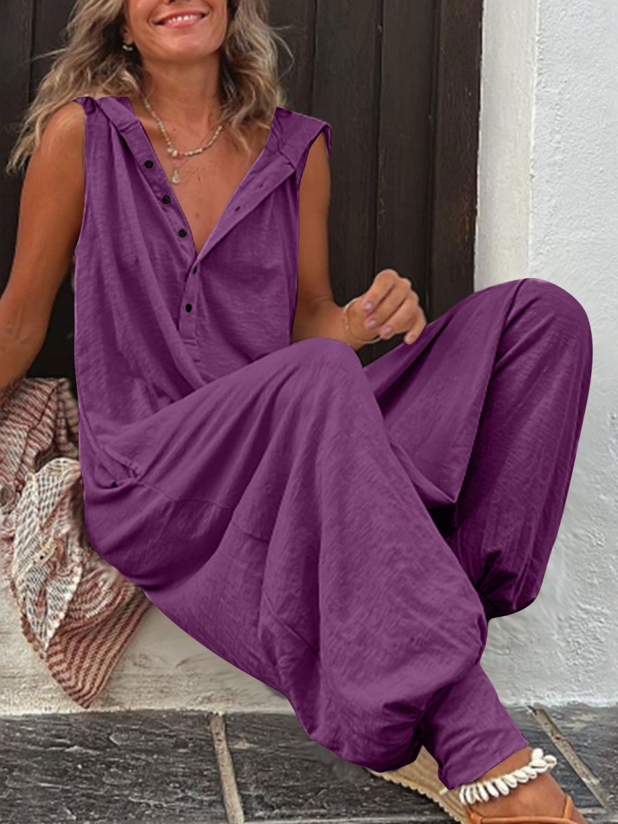 Button-up Hooded Sleeveless Jumpsuit