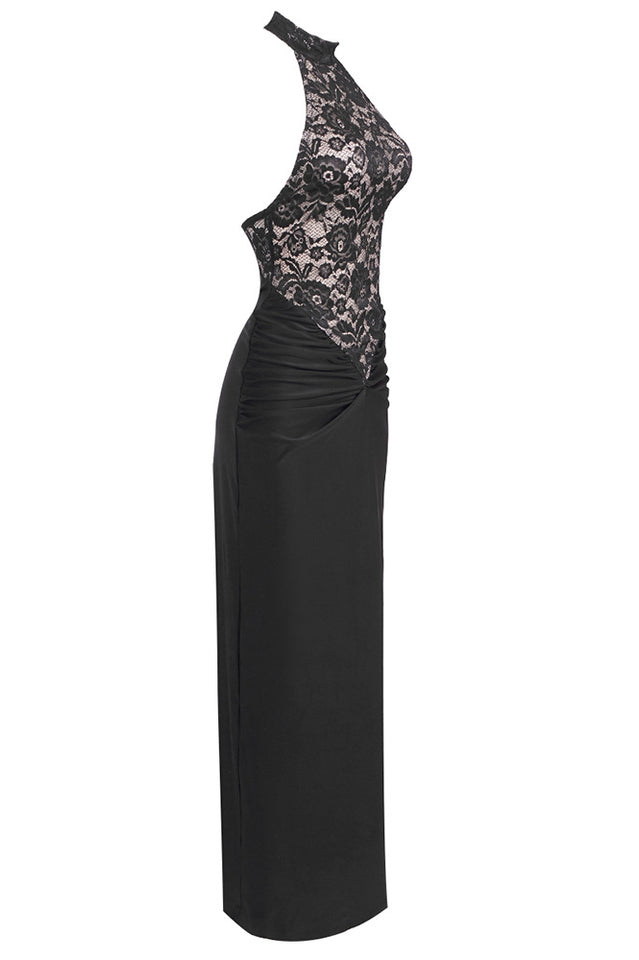 Floral Lace Halter High Neck Ruched Waist Column Maxi Gown