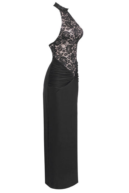 Floral Lace Halter High Neck Ruched Waist Column Maxi Gown