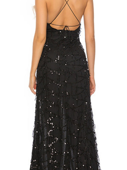 V-neck Sexy Backless Sequined Halter Dress With Floor-length Slit Skirt