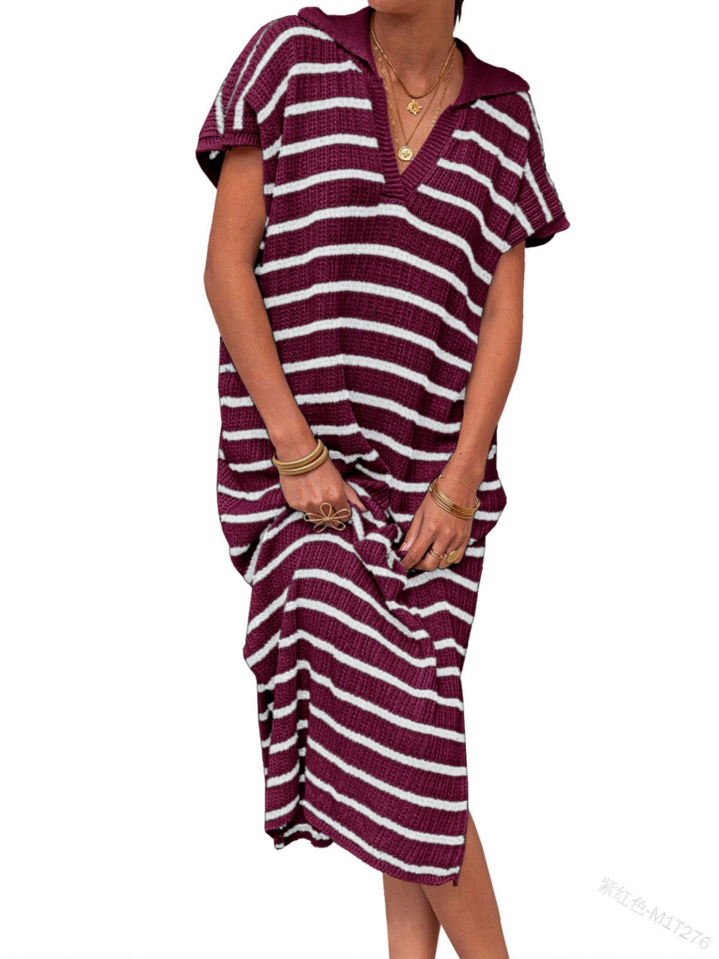 Stripes V-neck Short Sleeve Low-split Lapel Maxi Dresses