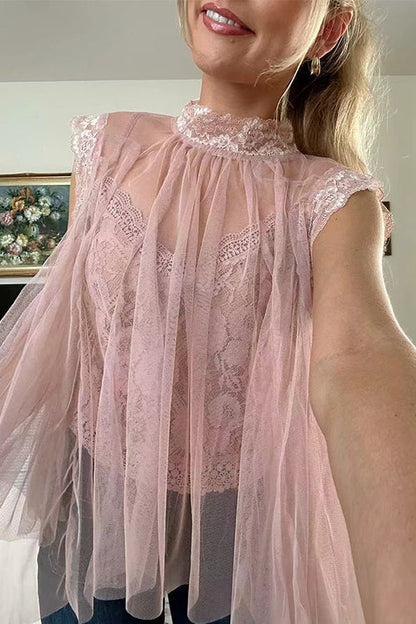 Solid Mockneck Tulle Cover Up Top with Crop Lace Camisole