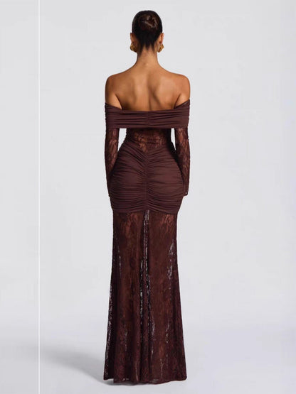 Off Shoulder Hollow Lace Splicing Long Sleeve Hip-hugging Maxi Dresses