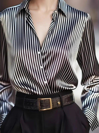Stripes Single-breasted Slim-fit Satin Casual Shirts