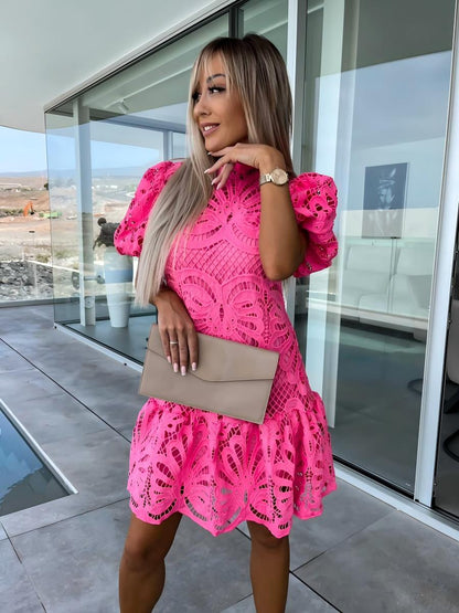 Solid Color Hollowed-out Water-soluble Lace Trim Elegant Mini&Short Dresses