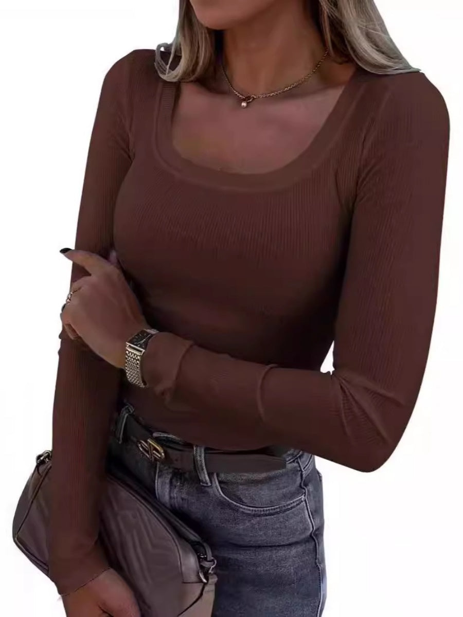 Threaded Groove Trimming Long Sleeve U-neck Base T-shirts
