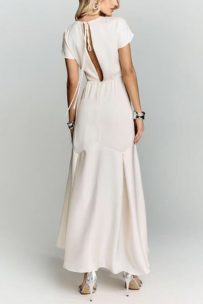 Crewneck Short Sleeves Back Cut Out Satin Maxi Dress