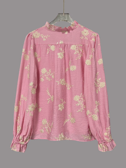 Floral Embroidery Color-blocked V-neck Lantern Sleeve Shirt