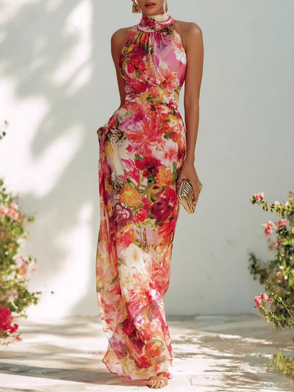 Halter Floral Waist Vacation Maxi Dresses