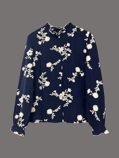 Floral Embroidery Color Block V-Neck Long-Sleeve Shirt