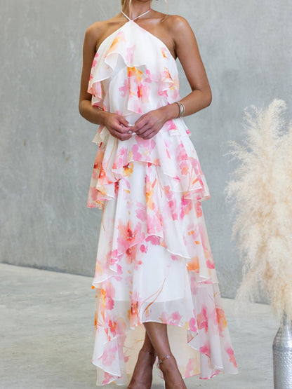 Chiffon Multi-story Halter Printed Vacation Maxi Dresses