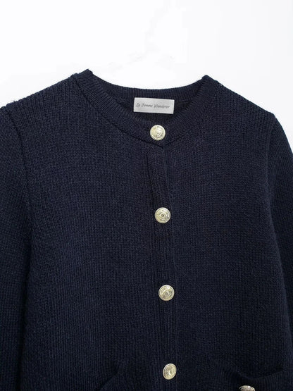Gold Decorated Row Button Short Knitted Cardigan