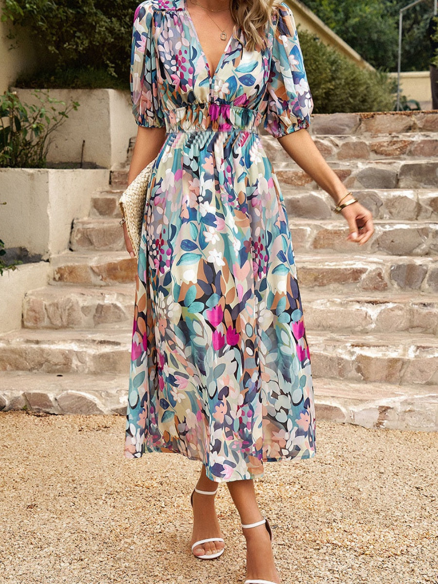 Floral Short Sleeve V-neck Vacation And Leisure Maxi Dresses