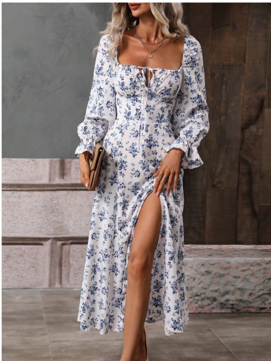 Floral Long Sleeve Square Collar Slit Vacation And Leisure Maxi Dresses