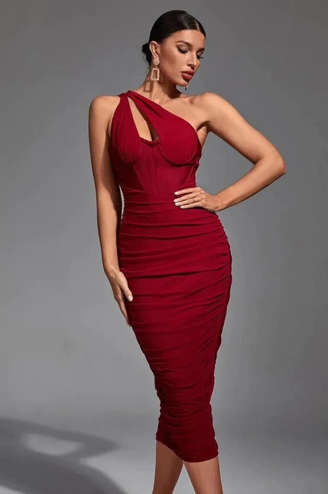 One Shoulder Corset Bodice Ruched Cutout Keyhole Midi Dress