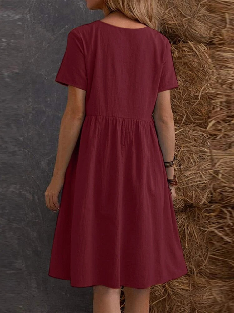 Retro Loose-fitting Pocket Solid Color Round Neck Cotton Linen Short Dress