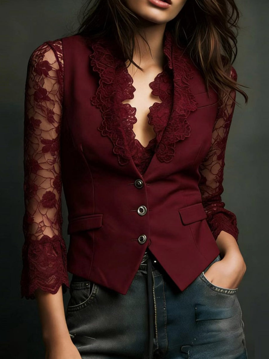 Lace Stitching V-neck Buttons Blouse