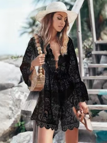V-neck Sun Protection Shirt, Lace Beach Short Dress