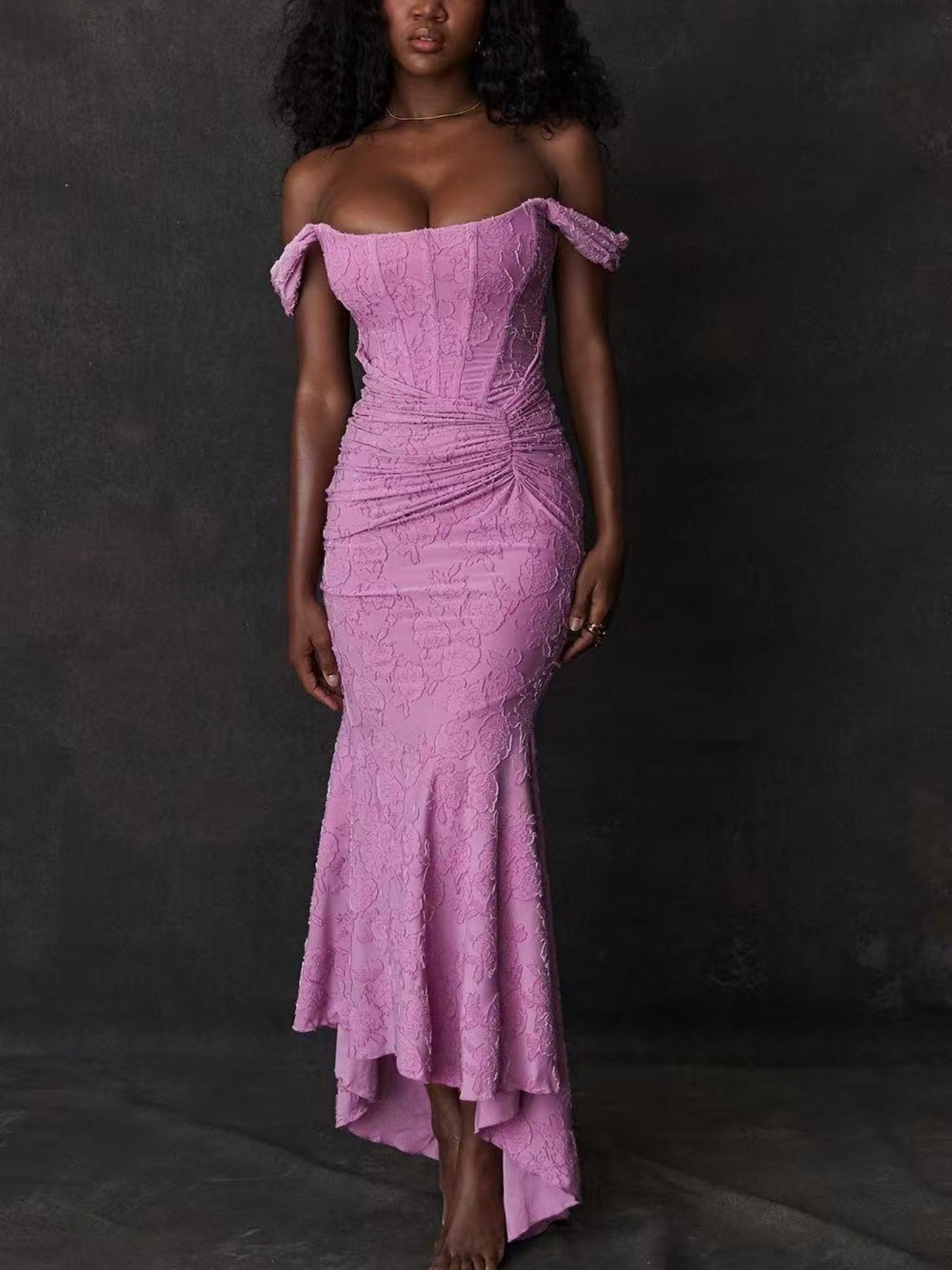 Jacquard Print Pleated Waist Spaghetti Strap Backless Mermaid Tail Maxi Dresses