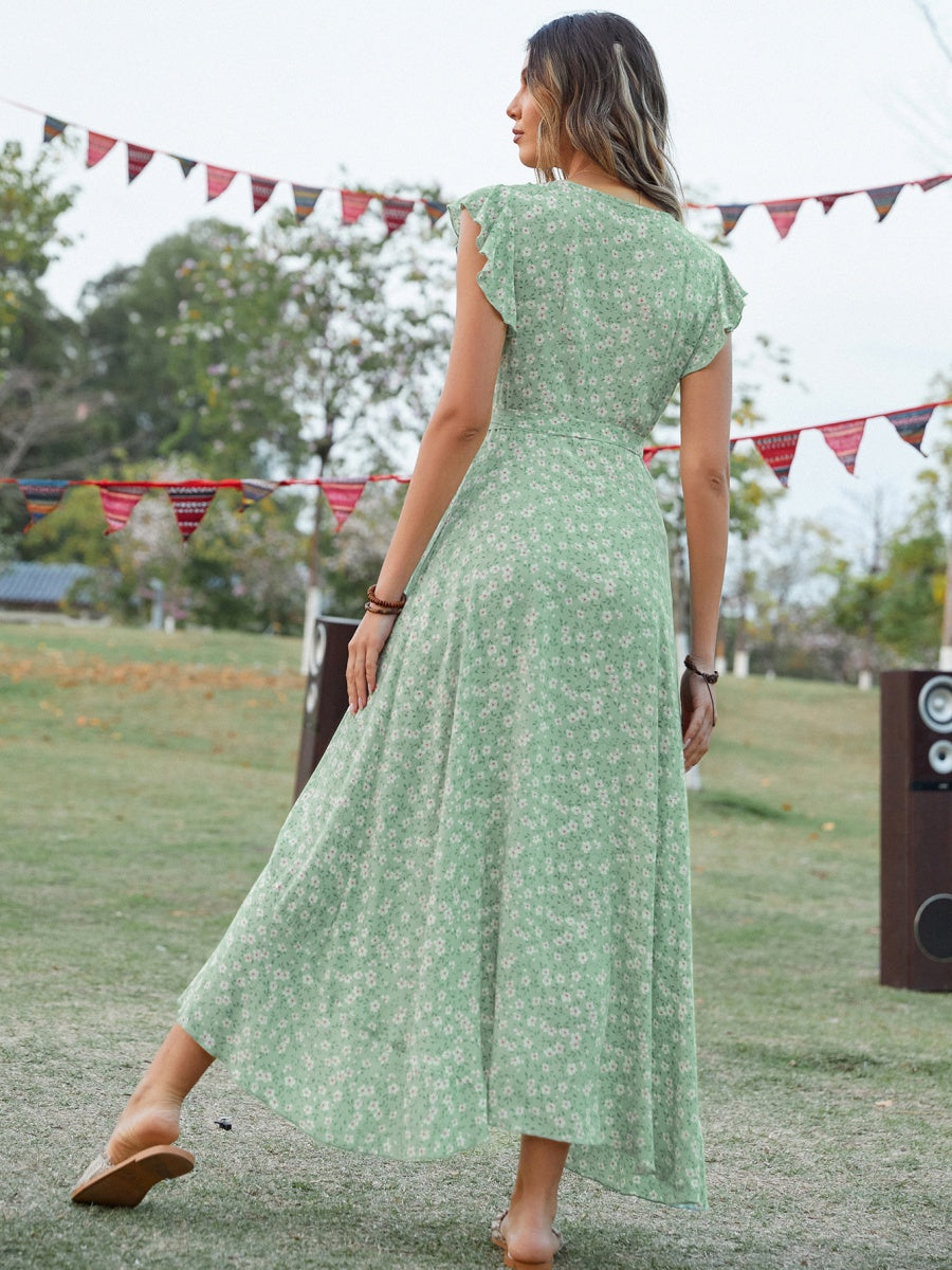 Wrap-up V-neck Bandage Asymmetrical Skirt Vacation And Leisure Maxi Dresses