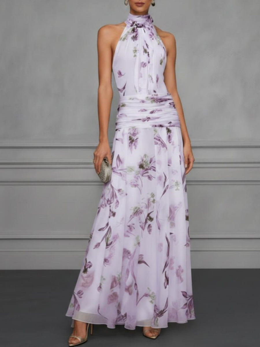 Halter Printed Temperament Waist Parties Maxi Dresses