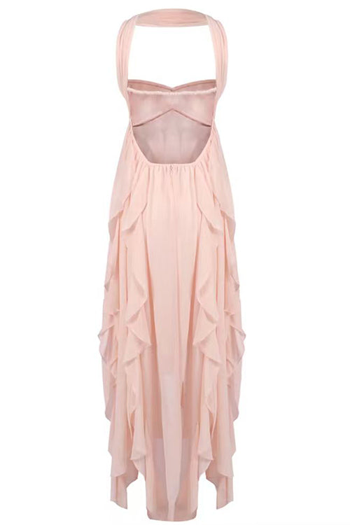 Margovil Sleeveless Open Back Ruffle Trim Slit Maxi Dress