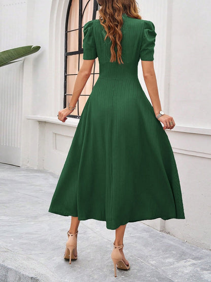 Pleated Waist Short Sleeve Maxi Dresses