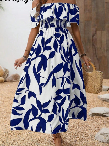 Ruffled Leaf Print Off-Shoulder Long Dress