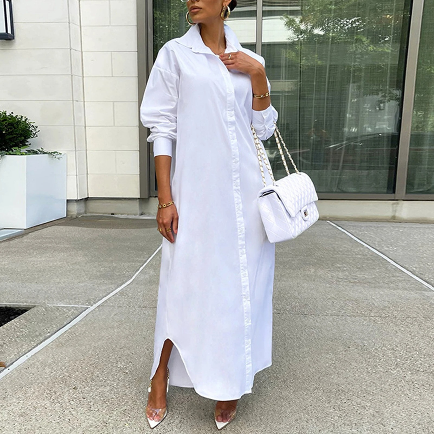 Oversized Collared Button-Front Side Slit Long Sleeve Maxi Shirt Dress