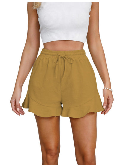 Ruffle Elastic Waistband Drawstring Cotton And Linen Shorts