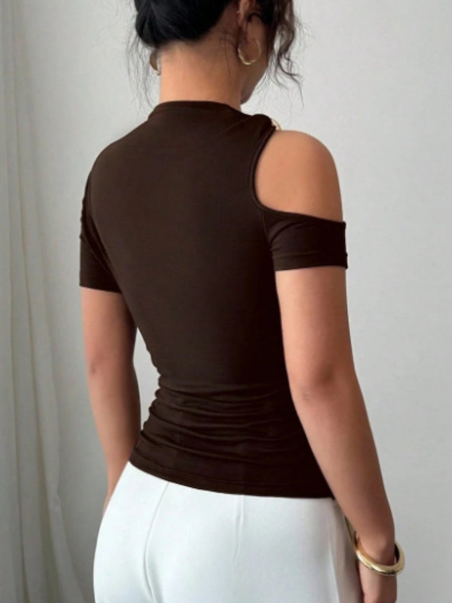Asymmetrical Neckline, One-shoulder, Metallic Embellishment, Slim-fitting T-shirt