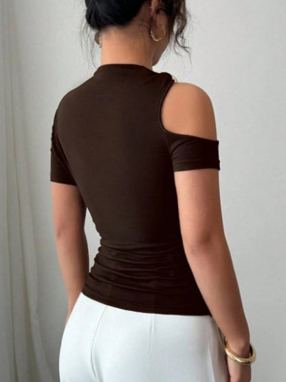 Asymmetrical Neckline, One-shoulder, Metallic Embellishment, Slim-fitting T-shirt